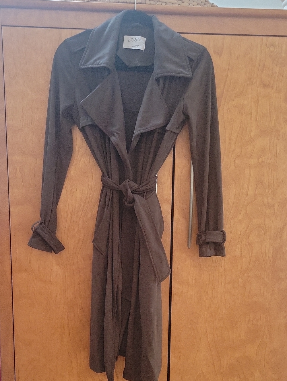 Zara Army Green Belted Faux SuedeTrench Coat XS